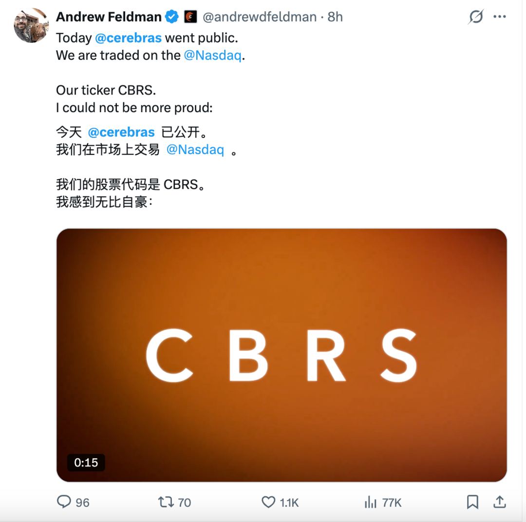 Cerebras上市首日暴涨68%:OpenAI押注的AI芯片公司市值达670亿美元