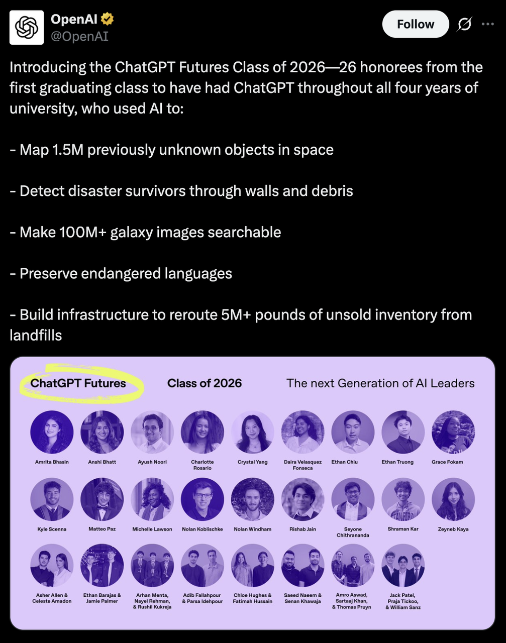 OpenAI ChatGPT Futures计划：26位AI原生大学生用AI创造太空机器人、搜救系统与星系索引