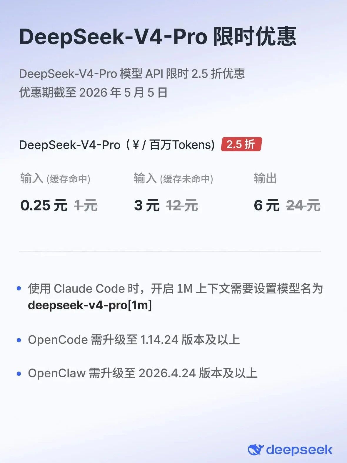 DeepSeek V4 Pro API限时2.5折！缓存命中百万tokens仅0.25元，截至5月5日