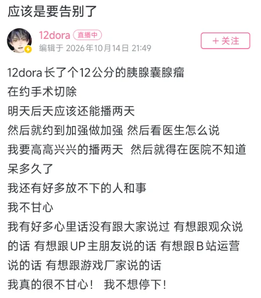 B站UP主12dora确诊胰腺囊腺瘤，回顾其创作生涯