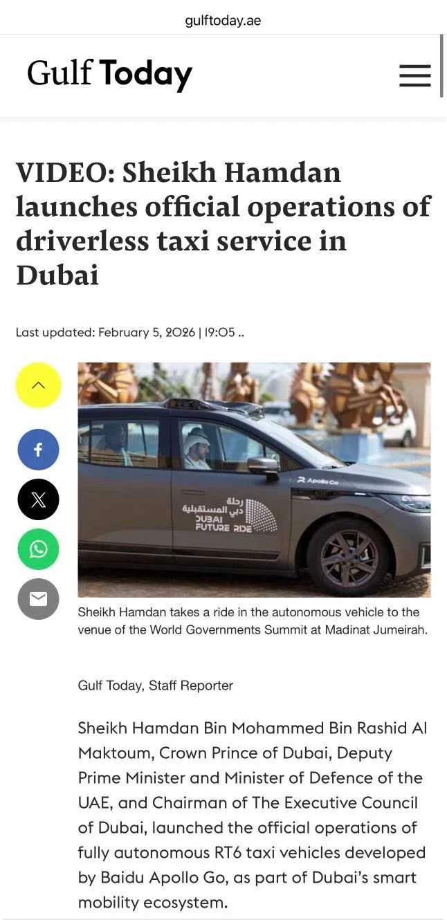 迪拜王储首乘百度萝卜快跑，Uber战略合作背后：中国无人车出海大揭秘