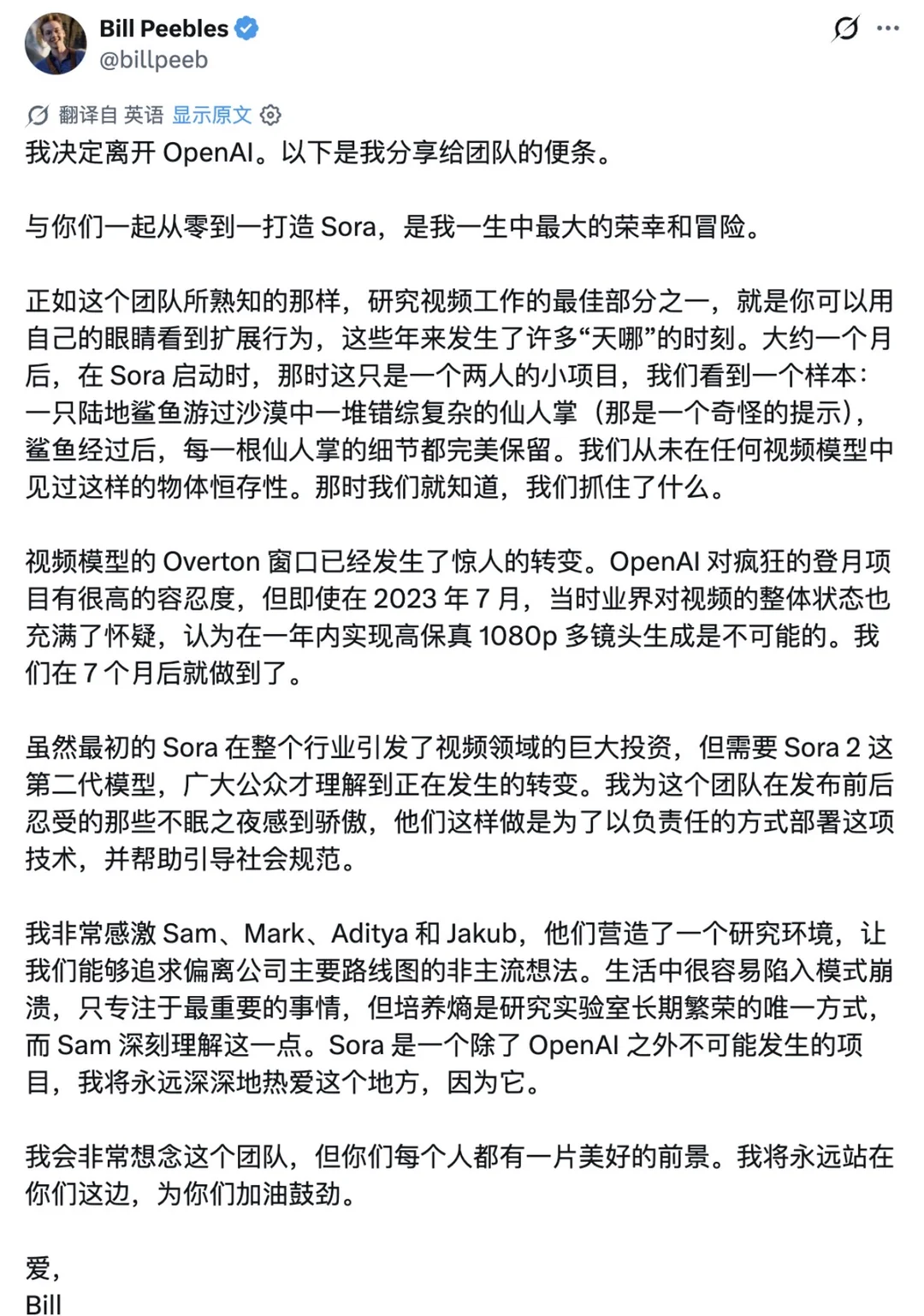 Sora缔造者Bill Peebles离职，OpenAI高管震动，商业化转型阵痛